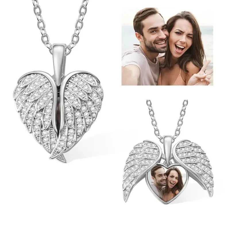 Personalized Heart Angel Wing Photo Locket Necklace